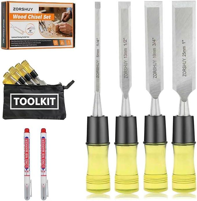 Wood Chisel Sets，4-Piece Woodworking Tools Set, for Precision Carving & DIY，CR-V Steel Beveled Edge Blades with Safety Caps,PVC High Impact Handle,Wood Tools Chisel Set(1/4", 1/2", 3/4", 1")