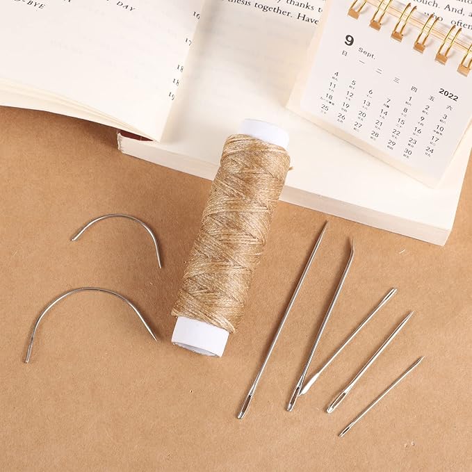 55Yards Waxed Thread with 7 Pcs Leather Needles for Hand Sewing 150D Flat Waxed Thread - Leather Repair Needles for Upholstery, Canvas Bags, Sofa Furniture (Khaki)