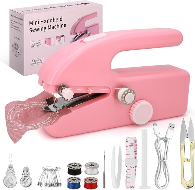 Handheld Sewing Machine for Beginners, Portable Mini Sewing Machine with Two Speed Modes, Easy to Operate and Fast Stitch Suitable for Clothes, Fabrics and Quick Home Repairs (Pink)