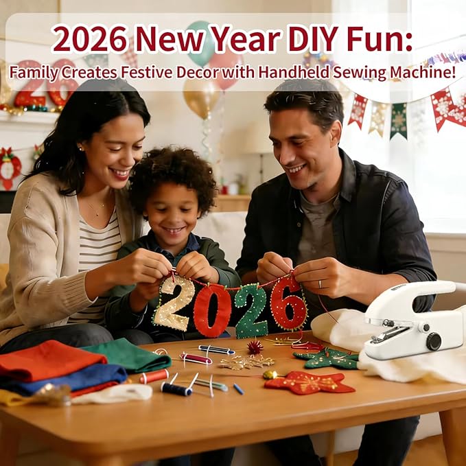 Handheld Sewing Machine with 8 Pieces of New Year's Fabric & 21 Sewing Accessories, Mini Sewing Machine for Beginners, Perfect Sewing Tool for 2026 New Year DIY Gifts, Decor & Clothing Repairs