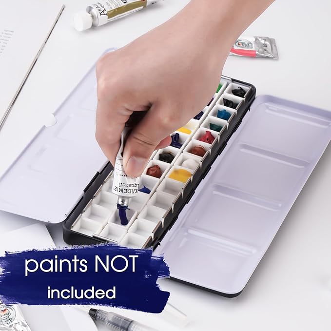 PEVART Empty Watercolor Paint Palette,Metal Box Mixing Palette Case with 37 Water Color Half Pans and Fold-Out Palette Tin Paint Tray Travel Watercolor Set,Acrylic,Gouache, Oil Painting