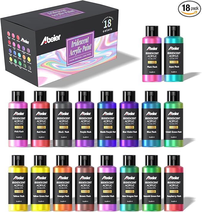 ABEIER Iridescent Acrylic Paint, Set of 18 Chameleon Colors, 2 oz/60ml Bottles, Color-shifting, Non-Toxic, High Viscosity, Blendable, Paints on Rocks Crafts Canvas Wood, Fabric, Ceramic & Stone