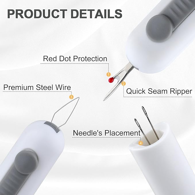 Automatic Needle Threaders Seam Ripper, Upgraded 3 in 1 Sewing Needle Threader Tool, Stretchable Quick Seam Rippers with Needle Storage for Hand Quilling, Embroidery Stitch Removal(Grey)
