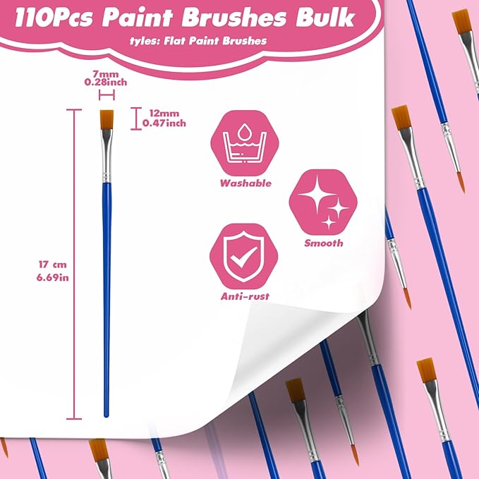 110Pcs Small Paint Brushes Bulk, Flat Top Acrylic Classroom Brush for Kids Mini Paint Brushes for Touch Up Crafts Detail Painting