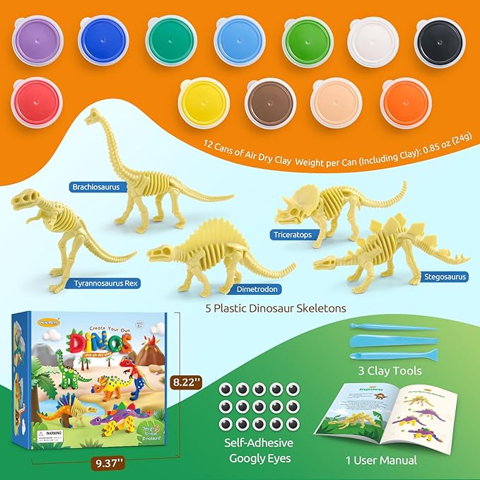 Dinosaur Air Dry Clay Kit – Create 5 Dinosaur Models with 12 Colors of Modeling Clay, Instruction Guide – Fun & Educational Craft Set for Kids