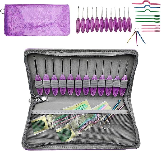 12pcs Ergonomic Resin Handle Stainless Steel Crochet Hooks 0.9mm-4.0mm Storage Bag for Crochet Needles for Big Eye Needles and Yarns