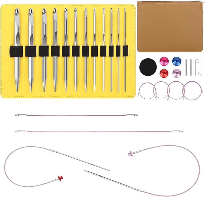 Aeelike Interchangeable Tunisian Crochet Hooks Set, 12 Sizes Tunisian Crochet Hooks Set with Cables 3.0mm - 10.0mm Smooth Ergonomic Hook for Making Blanket Scarves, Ideal Gift