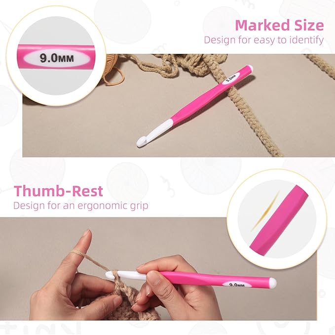9mm Large Crochet Hook,Ergonomic Crochet Needle for Arthritic Hands, Extra Long Rubber Handle Crochet Hooks for Knitting Sweaters, Shawls and Carpets