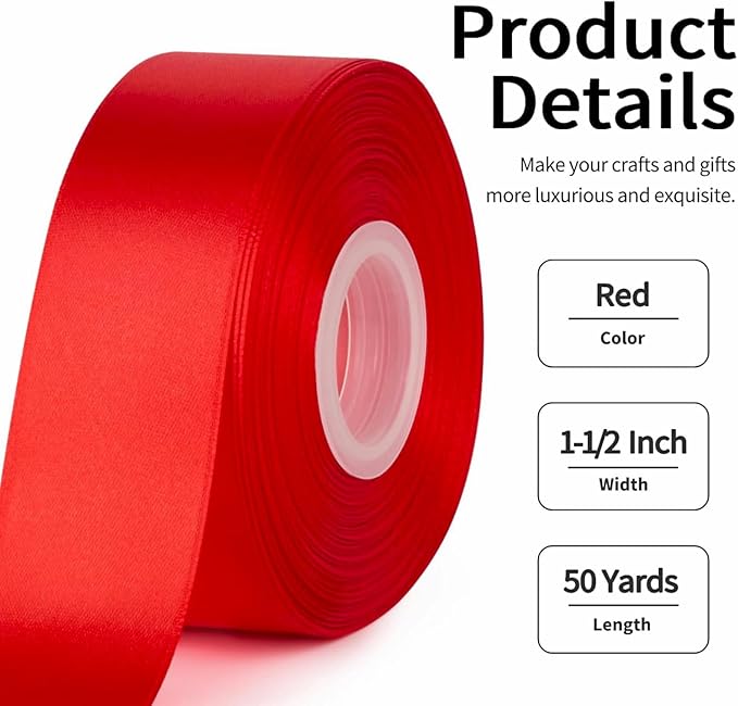 1-1/2 Inch Wide Red Satin Ribbon, 50 Yards Solid Polyester Fabric Ribbon for Roses Making, Gift Wrapping, Valentine's Day, Wedding Decorations, Crafts, Bows