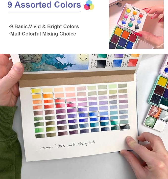 Woomer Watercolor Paint Set, 9 Vivid Colors Travel Watercolor Paint with 2 Foldable Palettes, Wash Cup, Perfect Water Color Set for Beginner Enthusiast Pro Gift