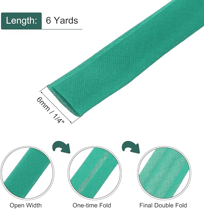 MECCANIXITY 1/4 Inch Double Fold Bias Tape Continuous Bulk Cotton Bias Tape for Sewing Seaming Quilting Hemming Binding Crafts (Dark Green 6 Yards)