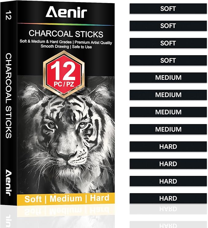 Compressed Charcoal Sticks Set of 12 – Soft, Medium, Hard Charcoal for Drawing, Sketching & Shading – Art Supplies for Artists, Beginners & Adults