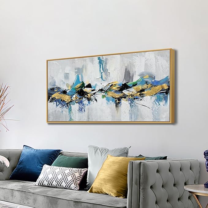 Large 100% Hand Painted Oil Painting 3D Texture Framed Canvas Wall Art White Black Blue Green Home Decor Abstract Gold Leaf Wall Painting for Living Room Bedroom Office 48x24in