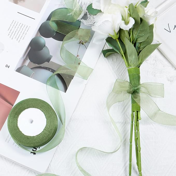 Sage Green Ribbon for Gift Wrapping 3/8 inch Sheer Organza Ribbon for Flower Bouquet Tulle Chiffon Ribbons for Wedding Invitations Christmas Halloween Decorations Crafts 50 Yards