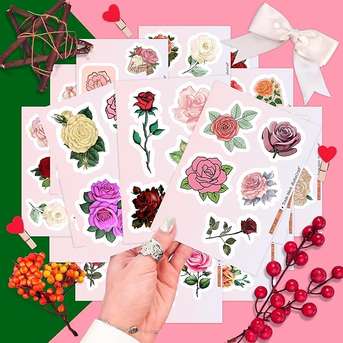 BulbaCraft Rose Stickers for Water Bottle and Laptop - Rose Party Supplies & Decorations, Waterproof Vinyl Decals, Flower and Botanical Stickers, Gifts for Women & Men