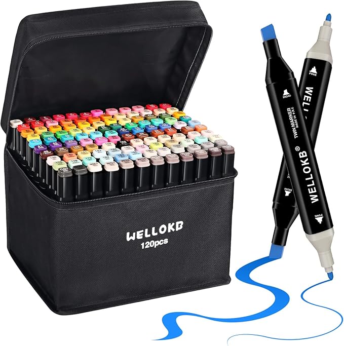 Alcohol Markers Set, 120 colors Alcohol Based Dual Tip, Broad and Fine Tip for Adult Coloring Books, Drawing, Sketching