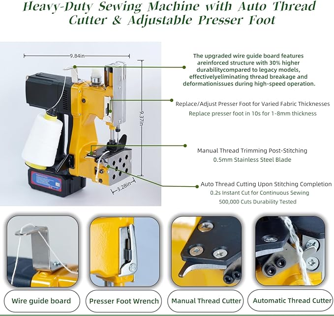 Cordless Bag Sewing Machine | Portable Industrial Bag Closer | 2-Second Fast Sealing for Woven PP/Canvas/Jute Bags | Factory & Farm Bag Stitcher (Yellow, Lithium Battery - 36V DC)