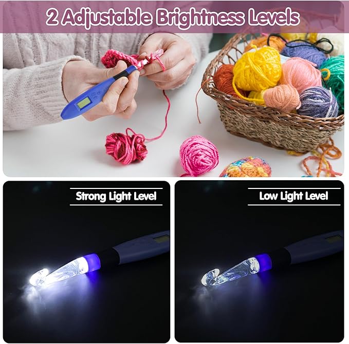 Crochet Hook with 18 Different Size for Stitch & Row Counter Light Up Interchangeable Crochet Needle Ergonomic Crochet Hooks with 2 Levels Light up Crochet Hook Set