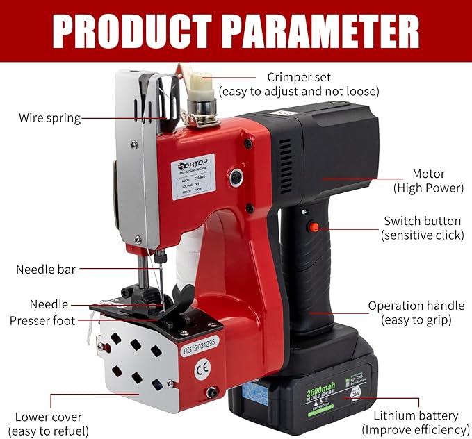 Battery Bag Sewing Closing Machine Cordless Portable Bag Closer Stitcher Packing Machine for Burlap Sack, Canvas,Feed Sacks,Rice Bags, PP Woven Kraft Paper Bag SDRTOP