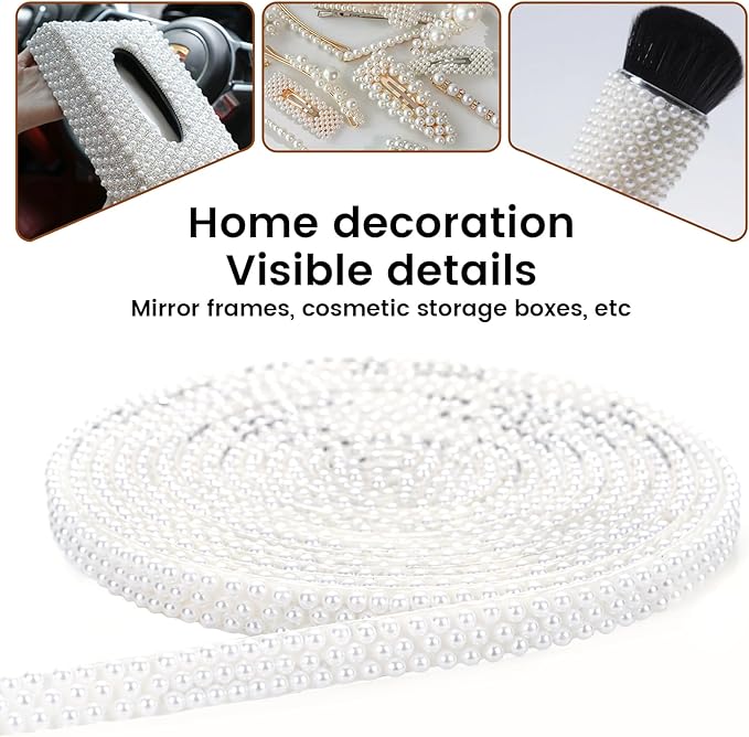 Novani Self Adhesive Pears Ribbon 1 Roll - 3 Yards Beige Pearls Crystal Diamond Bling Strips Glitter Resin Ribbon for Crafting Home DIY Decoration（Beige,0.35 Inch,3Y）