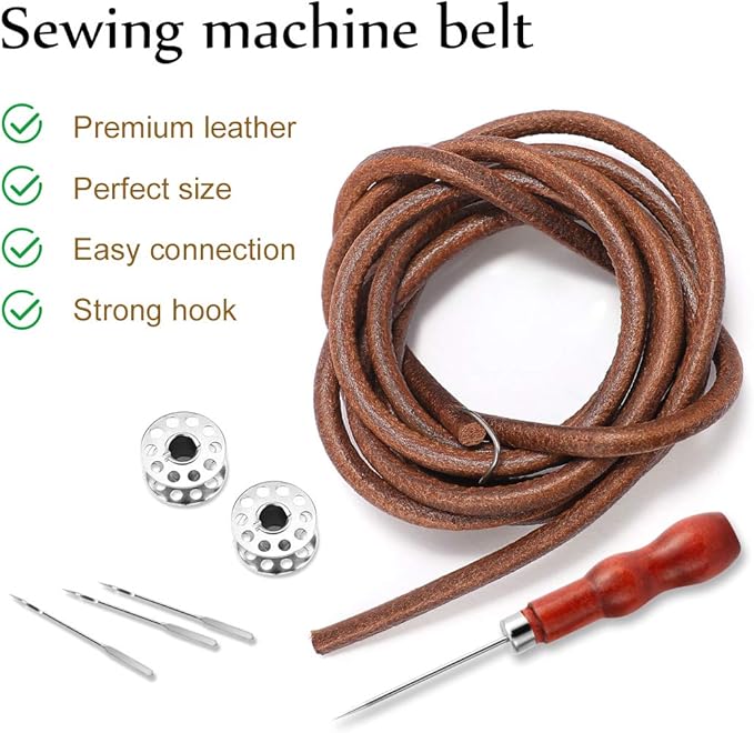 Magicfour Treadle Sewing Machine Belt for Singer/Jones, 2 Pack 71" 3/16" Leather Belt with Hook for Treadle Sewing Machine, Accessories Included