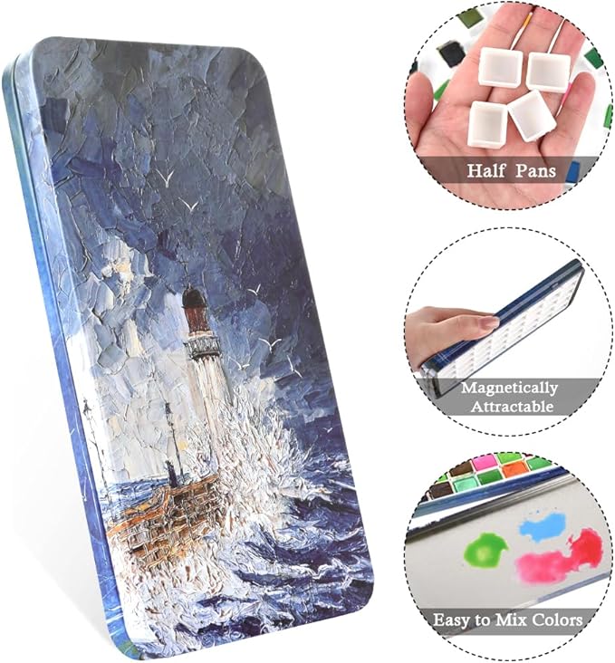 Portable Watercolor Tins Paint Palette with 40Pcs Empty Half Pans and Magnetic Squares, Small Travel Metal Paint Box with Acrylics Painting Art Drawing. Lighthouse