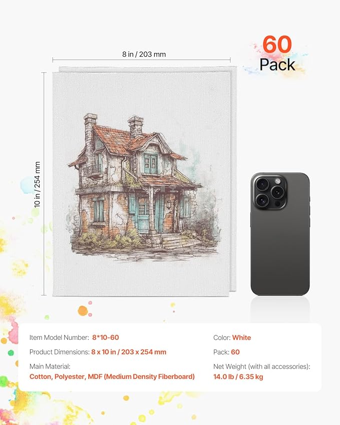 VEVOR Canvas Boards for Painting, 8 x 10 Inch White Canvases for Painting, 60 Pack Painting Canvas Panels for Sketching, Acrylic and Oil Painting, Watercolor, Paint Canvas for Kids and Professionals
