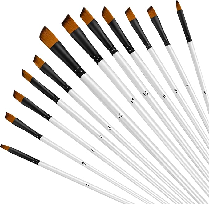 12 PCS White Color Paint Brushes Set, Acrylic Oil Professional Round Paint Brush for Watercolor, Art Brushes for Artists and Adults, Ideal for Water-Based Paints (Oblique Head)