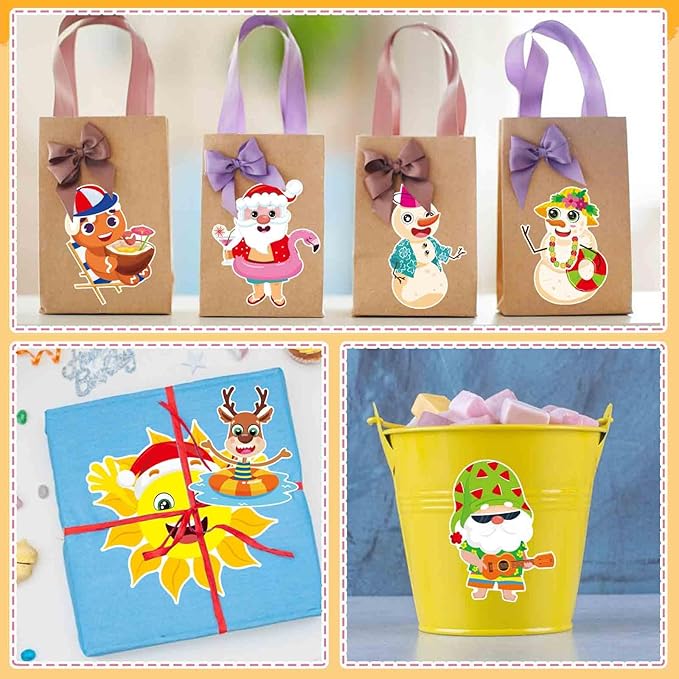 24 PCS Hawaiian Tropical Summer Stickers for Kids, July Christmas Stickers, Make Your Own Mix and Match Sticker with Santa Claus, Reindeer, Gingerbread Man and Snowman, Summer Holiday Party Favor