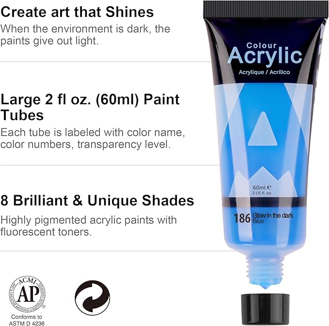 AUREUO Glow in the Dark Acrylic Paint, 8 Colors x 2 Fl Oz / 60ml Neon UV Black Light Paints for Rocks, Wood, Craft, Canvas, Paint Party Supplies