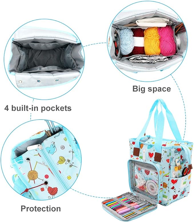 SumDirect Yarn Bag, Knitting Organizer Tote Bag Portable Storage Bag for Yarns, Carrying Projects, Knitting Needles, Crochet Hooks, Manuals and Other Accessories (Cute Blue)