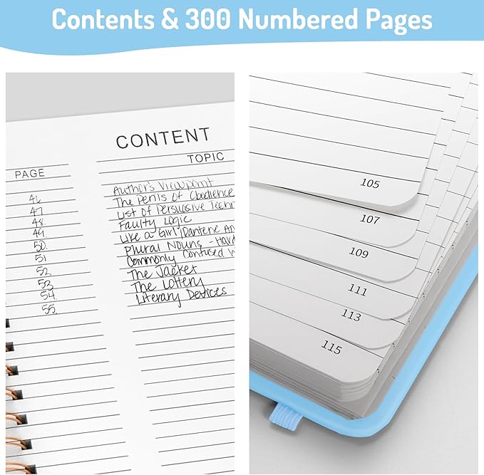 Forvencer A4 Lined Spiral Journal Notebook with 300 Numbered Pages, 11" X 8.5" Thick Journals for Writing with 100GSM Paper, Hardcover Notebooks with Contents for Work, School, Sky Blue