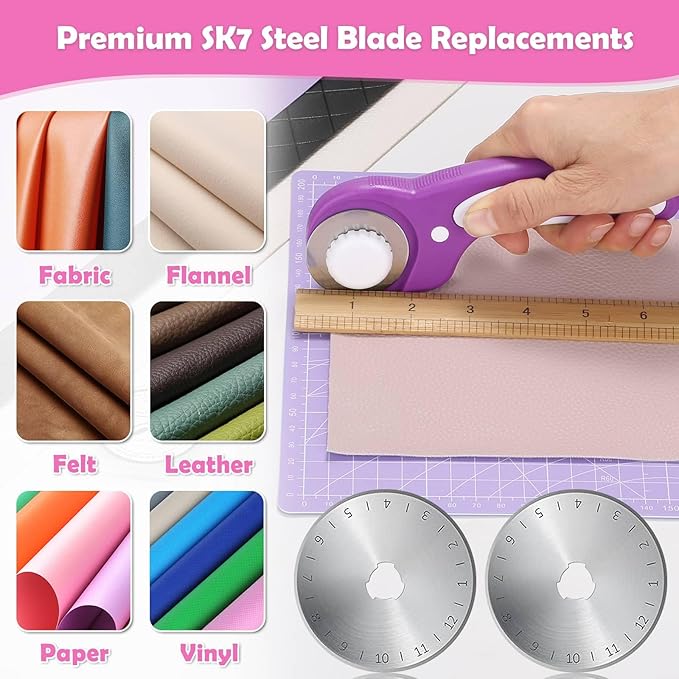 Rotary Fabric Cutter and Mat Set, Audab Self Healing Sewing Mats Shirt Cutter 45mm Rotary Cutting Wheel with Fabric Tool Blades for Cloth Crafts Quilting Scrapbooking Hobby (A4 9" x 12" Purple)