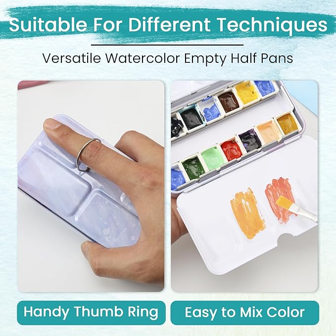 HAUSTG0 Metal Watercolor Palette - Empty Tin with Paint Tray and 14 Half Pans - Travel Palette with Lid