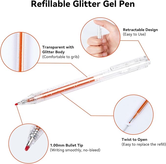 36 Colors Retractable Glitter Gel Pens for Art Supplies, Vibrant Sparkle Metallic Ink with Shimmer Effect, Refillable Fine Point Set for Coloring Books, Drawing, Journaling, Note Taking