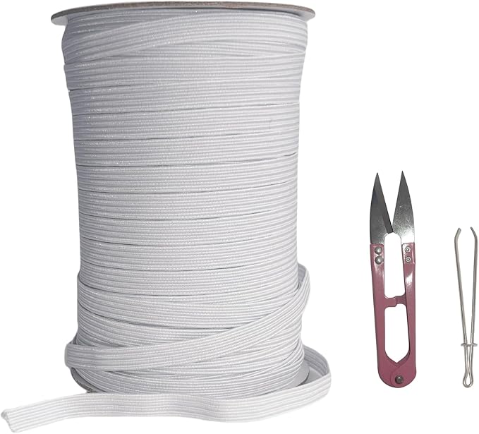 1/4 Inch White Elastic Band 50 Yards High Stretchy Flat Elastic Cord for Sewing & Crafts | Includes Sewing Scissors & Elastic Threader Tool
