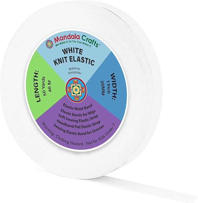 Mandala Crafts Wide 1 Inch White Elastic Bands Spool for Pants Waistbands Sewing and DIY Crafts, 50 YD Stretchy Flat Fabric Strap Knit Elastic Band for Wig