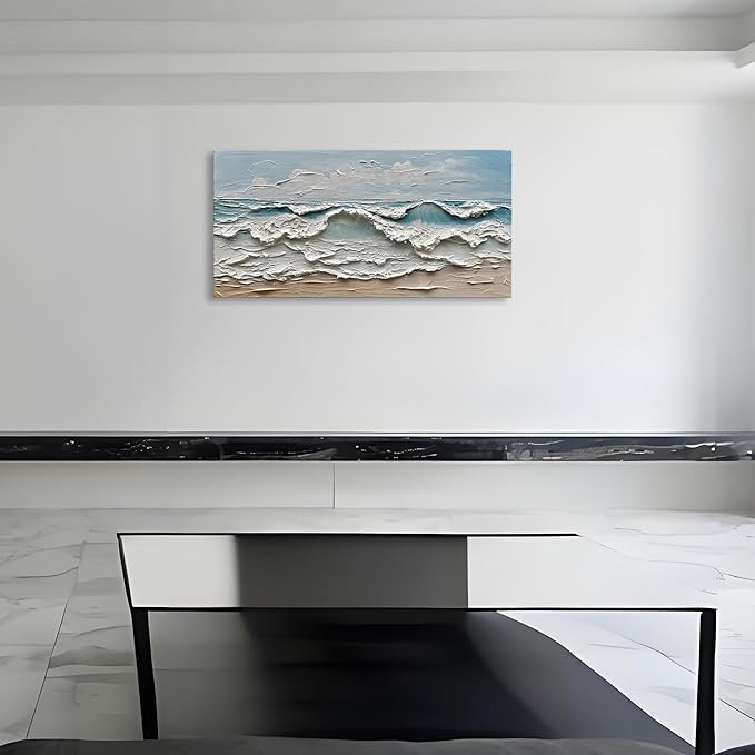 Art Hand-Painted Sea Wave Beach Landscape Oil Painting Modern Abstract Canvas Art Home Office Wall Decoration 24x48 inches