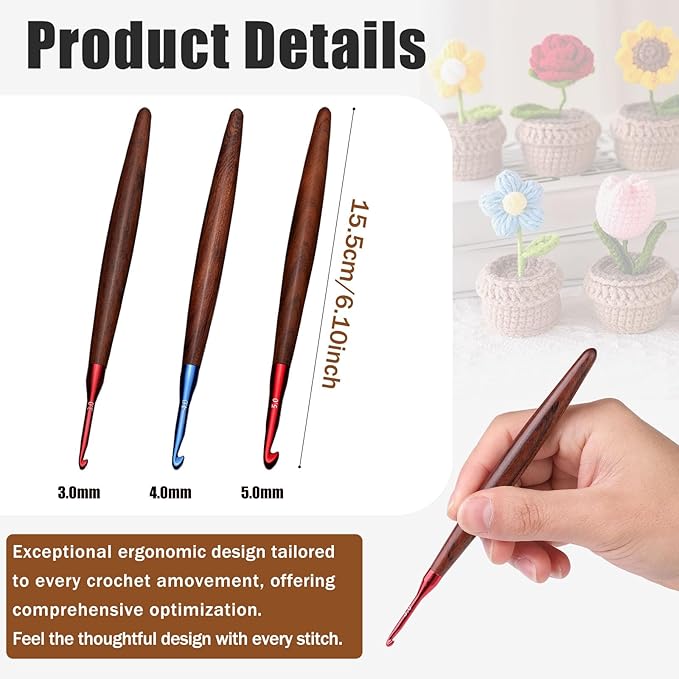 Giwrmu 3 Pcs Crochet Hooks, 3.0mm/4.0mm/5.0mm Ergonomic Crochet Hook, Colored Aluminum Crochet Hook with Wooden Handle Crochet Needle for Crocheting Yarn