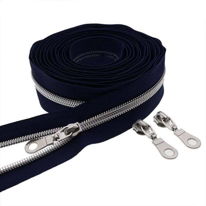 #5 Silver Metallic Nylon Coil Zippers by Yard Bulk Coil Zipper Roll 10 Yards with 25pcs Silver Pull for DIY Sewing Craft Bag(Navy Blue) YIGUANXIN