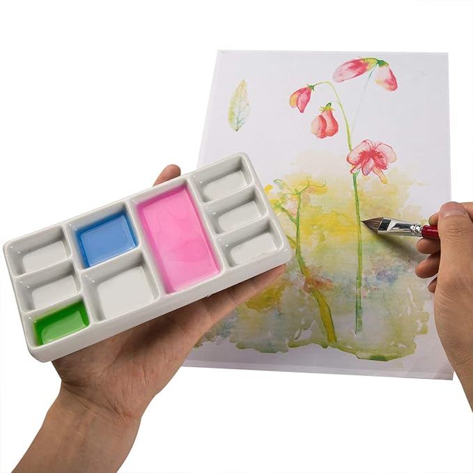 MEEDEN 9-Well News Ceramic Rectangle Artist Paint Palette for Watercolor Gouache Acrylic Oil Painting, 6-4/5 by 3-1/3-Inch