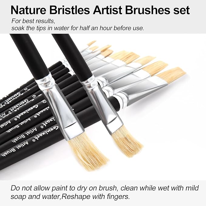 Acrylic Oil Watercolor Paint Brush Set, 9pcs Flat Paintbrushes for Art Painting, 100% Natural White Hog Bristle Artist Paint Brushes for Students Adults (Black Handle)