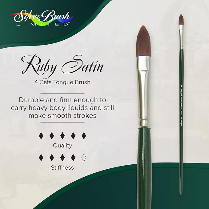 Silver Brush Limited 2510-4 Ruby Satin Cats Tongue Paintbrush for Oil, Acrylic, and Heavy Body Paints, Size 4, Long Handle
