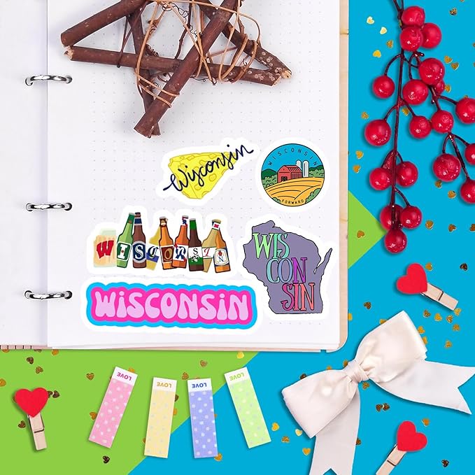 BulbaCraft Wisconsin Stickers for Water Bottle and Laptop - Wisconsin Party Supplies & Decorations, Waterproof Vinyl Decals, State Pride and Icon Stickers, Gifts for Women & Men