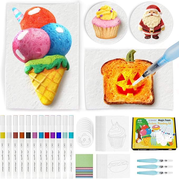 joibabe 43 Pcs Magic Foam Texture Painting Kit, Including 28 Pcs 3D Foam Paper, 12Colors Acrylic Paint Markers, Magic Puffy Paint, DIY Bubble Drawing Art Supplies Kit,Gift for Christmas,Boys,Girls