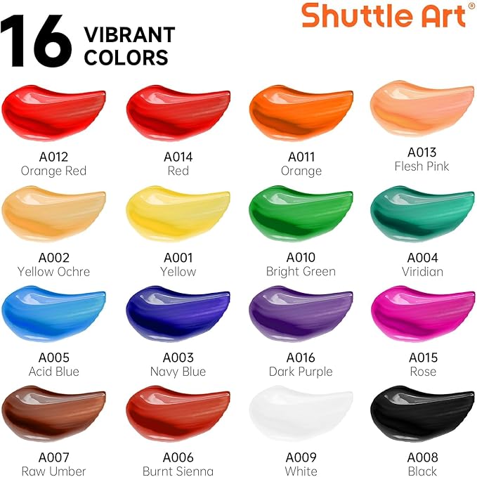 Shuttle Art Acrylic Paint Set, 16 x12ml Tubes Artist Quality Non Toxic Rich Pigments Colors Great for Kids Adults Professional Painting on Canvas Wood Clay Fabric Ceramic Crafts