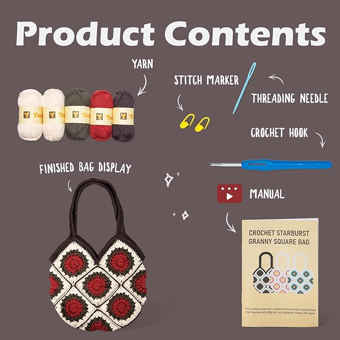 Yeezhee Crochet Kit for Advanced or Intermediate Beginners, Crochet Bag Kit with Step-by-Step Video Tutorials, Granny Square Crochet Tote Bag Set, Knitting Kit Including Yarn, Crochet Hook, Camellia