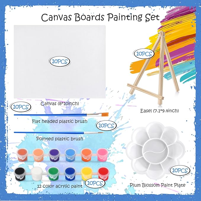 10 Set Acrylic Paint Canvas Set – 8x10 Inch Mini Canvas Painting Kit with 10 Wood Easels, 20 Brushes, 12 Watercolour Paints, 10 Palettes – Art Supplies for Beginners, Ideal for Parties & DIY Painting