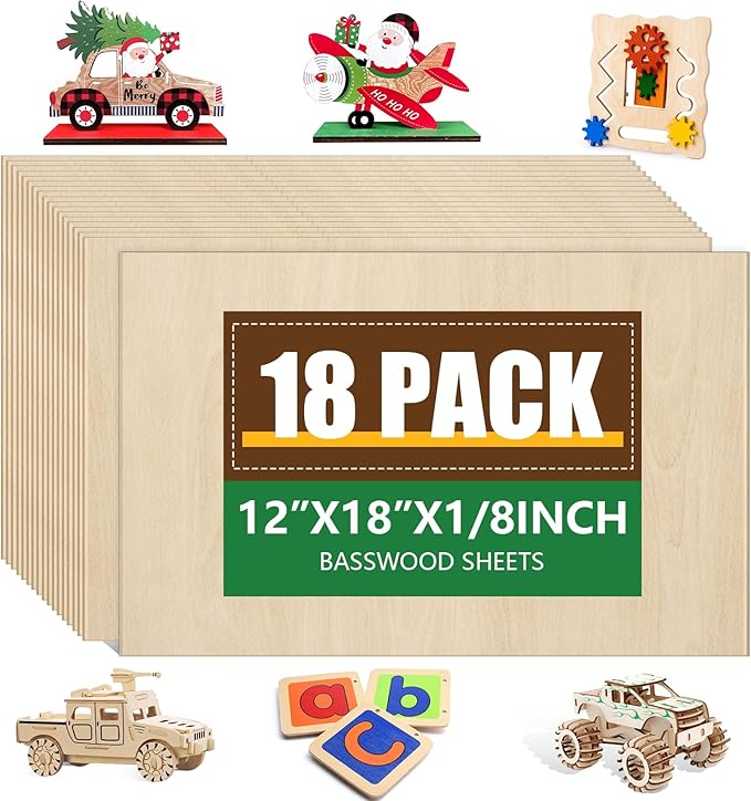 18 Pack Basswood Sheets12x18x1/8 Inch, Unfinished Wood for Crafts, 3mm Basswood for Laser Cutting & Engraving, Wood Burining,Architectural Models, Wood Board for Painting.