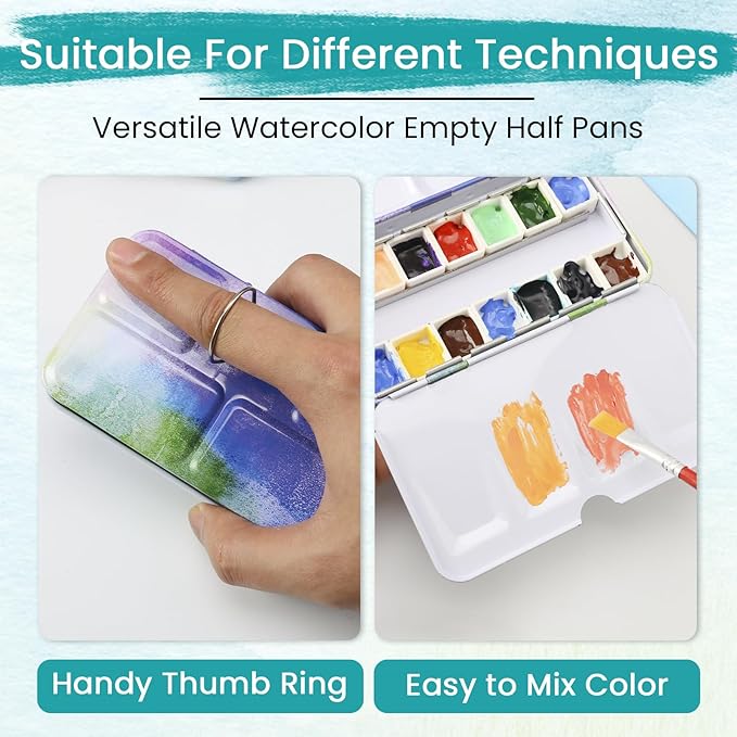 Empty Watercolor Palette Tin - Metal Watercolor Palette Empty with 14PCS Empty Half Pans - Watercolor Tin Suitable for Watercolor, Acrylic, Gouache, Oil Painting